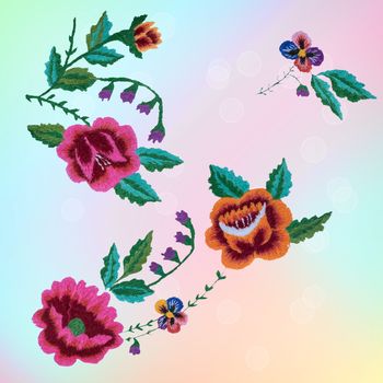 Crafts: beautiful colorful flowers and green leaves embroidered with satin stitch on a beautiful background. Manual work.