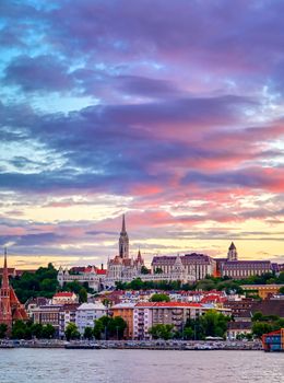 The Buda side of Budapest, Hungary along the Danube River at sunset
