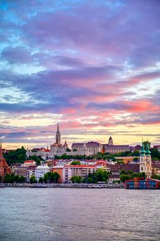 The Buda side of Budapest, Hungary along the Danube River at sunset
