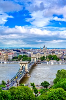 The Chain Bridge across the Danube River in Budapest, Hungary.