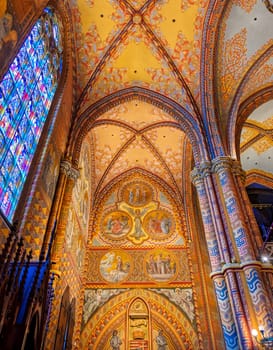 Budapest, Hungary - May 24, 2019 - The interior of the Church of the Assumption of the Buda Castle, more commonly known as the Matthias Church, located in Budapest, Hungary.