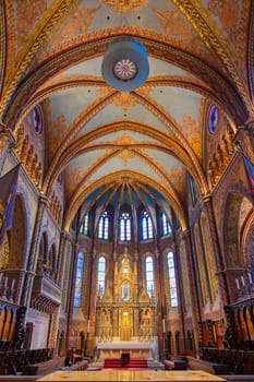 Budapest, Hungary - May 24, 2019 - The interior of the Church of the Assumption of the Buda Castle, more commonly known as the Matthias Church, located in Budapest, Hungary.