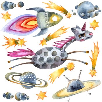 Watercolor illustration of unicorn and space objects: planets, rocket, UFO, stars and comets on white background