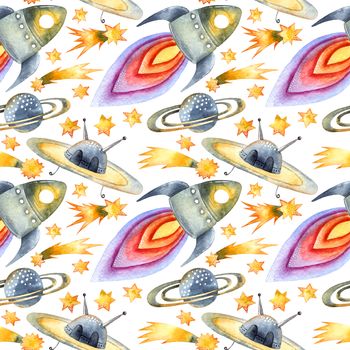 Watercolor illustration of space objects: planets, rocket, UFO, stars and comets on white background. Seamless pattern.