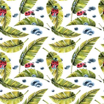 Watercolor illustration of leaves, ladybug and waterdrops. Seamless pattern.