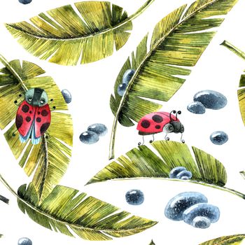Watercolor illustration of leaves, ladybug and waterdrops. Seamless pattern.
