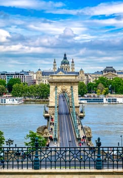 The Chain Bridge across the Danube River in Budapest, Hungary.