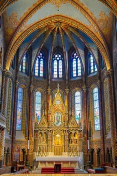 Budapest, Hungary - May 24, 2019 - The interior of the Church of the Assumption of the Buda Castle, more commonly known as the Matthias Church, located in Budapest, Hungary.