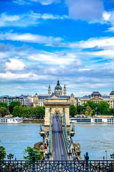 The Chain Bridge across the Danube River in Budapest, Hungary.