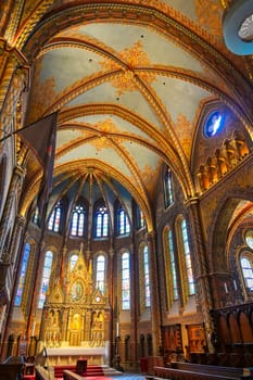 Budapest, Hungary - May 24, 2019 - The interior of the Church of the Assumption of the Buda Castle, more commonly known as the Matthias Church, located in Budapest, Hungary.