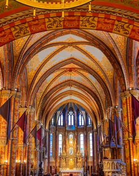 Budapest, Hungary - May 24, 2019 - The interior of the Church of the Assumption of the Buda Castle, more commonly known as the Matthias Church, located in Budapest, Hungary.