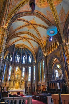 Budapest, Hungary - May 24, 2019 - The interior of the Church of the Assumption of the Buda Castle, more commonly known as the Matthias Church, located in Budapest, Hungary.