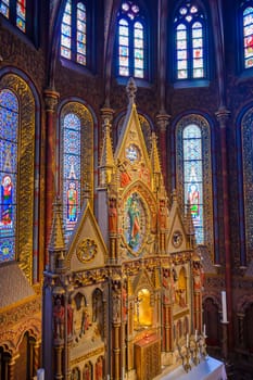 Budapest, Hungary - May 24, 2019 - The interior of the Church of the Assumption of the Buda Castle, more commonly known as the Matthias Church, located in Budapest, Hungary.