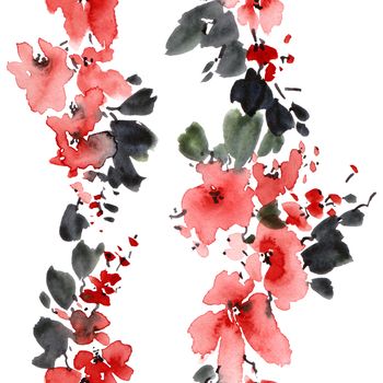 Watercolor and ink illustration of sakura tree with flowers and leaves. Oriental traditionalpainting in style sumi-e, u-sin and gohua. Seamless pattern.