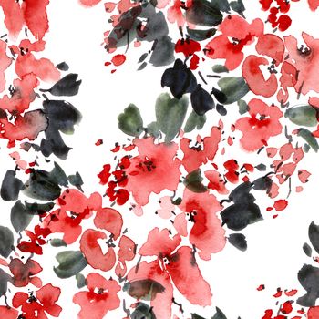 Watercolor and ink illustration of sakura tree with flowers and leaves. Oriental traditionalpainting in style sumi-e, u-sin and gohua. Seamless pattern.