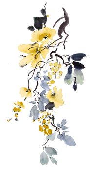 Watercolor and ink illustration of plum tree with flowers and leaves. Oriental traditional painting in style sumi-e, u-sin and gohua.