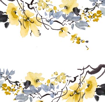 Watercolor and ink illustration of plum tree with flowers and leaves. Oriental traditional painting in style sumi-e, u-sin and gohua.