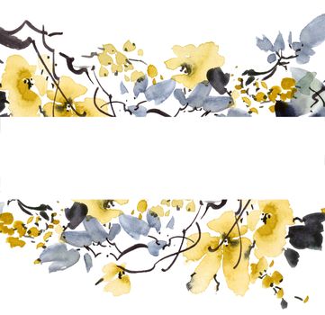 Watercolor and ink illustration of plum tree with flowers and leaves. Oriental traditional painting in style sumi-e, u-sin and gohua.