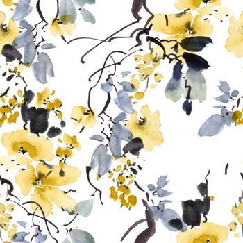 Watercolor and ink illustration of plum tree with flowers and leaves. Oriental traditional painting in style sumi-e, u-sin and gohua. Seamless pattern.