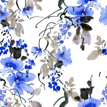 Watercolor and ink illustration of plum tree with flowers and leaves. Oriental traditional painting in style sumi-e, u-sin and gohua. Seamless pattern.