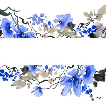 Watercolor and ink illustration of plum tree with flowers and leaves. Oriental traditional painting in style sumi-e, u-sin and gohua.