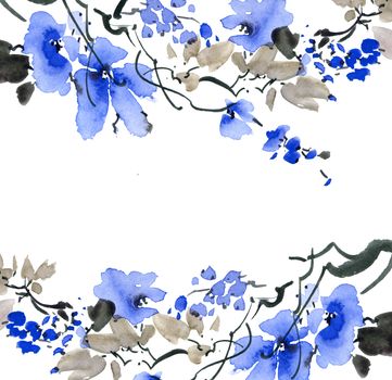 Watercolor and ink illustration of plum tree with flowers and leaves. Oriental traditional painting in style sumi-e, u-sin and gohua.