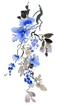 Watercolor and ink illustration of plum tree with flowers and leaves. Oriental traditional painting in style sumi-e, u-sin and gohua.