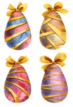 Watercolor illustration of colored Eggs for Happy Easter greeting card