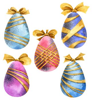 Watercolor illustration of colored Eggs for Happy Easter greeting card
