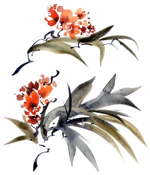 Watercolor and ink illustration of blossom tree branch with leaves and flowers in style sumi-e, u-sin on white background. Oriental traditional painting.