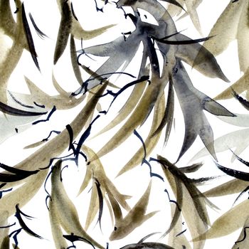 Watercolor and ink illustration of tree leaves in style sumi-e, u-sin. Oriental traditional painting. Seamless pattern.