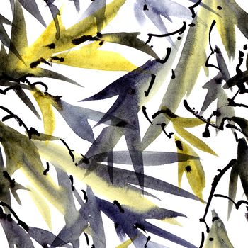 Watercolor and ink illustration of bamboo leaves in style sumi-e, u-sin. Oriental traditional painting. Seamless pattern.