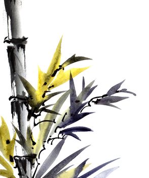 Watercolor and ink illustration of bamboo with leaves in style sumi-e, u-sin. Oriental traditional painting. Background for decorative card, invitation or cover