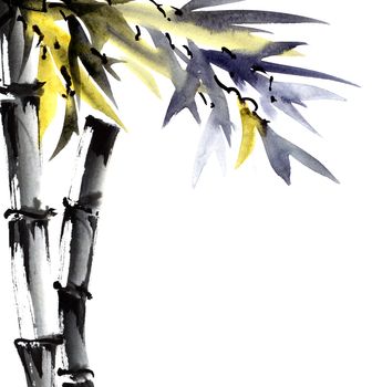 Watercolor and ink illustration of bamboo with leaves in style sumi-e, u-sin. Oriental traditional painting. Background for decorative card, invitation or cover