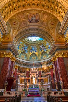 Budapest, Hungary - May 22, 2019 - The interior of St. Stephen's Basilica located on the Pest side of Budapest, Hungary.