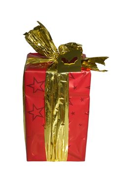 A colourful present wrapped in gold ribbon