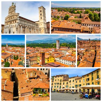 Collage of Lucca photos with terracotta roof in Italy
