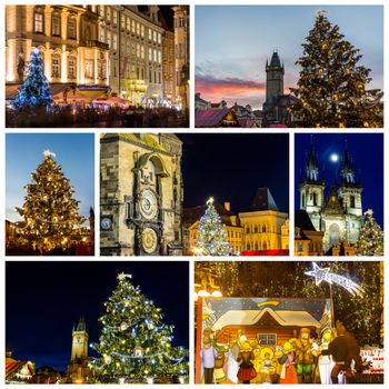 Collage of landmarks of Prague in winter with Christmas market and tree, Czech Republic