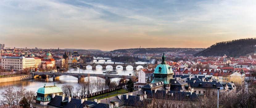 View of the most important bridges in Prague: Charles bridge, Palace bridge, Railway bridge, Legion bridge, Manes bridge, Jirasek bridge. Czechia