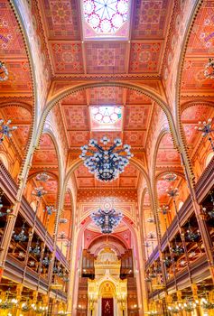 Budapest, Hungary - May 26, 2019 - The Interior of the Dohany Street Synagogue, built in 1859, located in Budapest, Hungary.