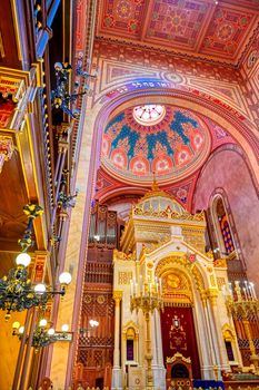 Budapest, Hungary - May 26, 2019 - The Interior of the Dohany Street Synagogue, built in 1859, located in Budapest, Hungary.