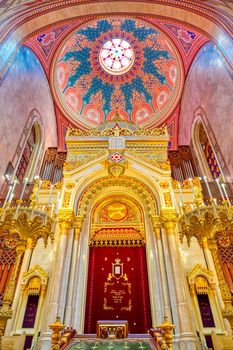 Budapest, Hungary - May 26, 2019 - The Interior of the Dohany Street Synagogue, built in 1859, located in Budapest, Hungary.