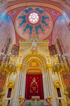 Budapest, Hungary - May 26, 2019 - The Interior of the Dohany Street Synagogue, built in 1859, located in Budapest, Hungary.