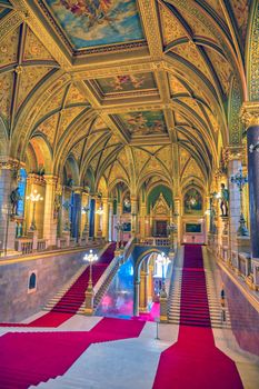 Budapest, Hungary - May 26, 2019 - The interior of the Hungarian Parliament Building in Budapest, Hungary.