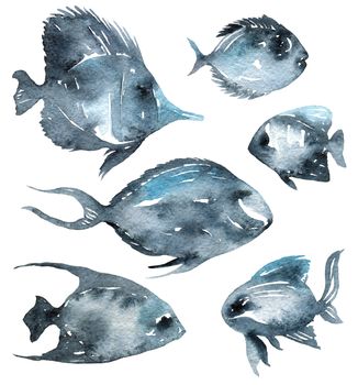 Watercolor illustration of fishes. Set of animals. Silhouette style.