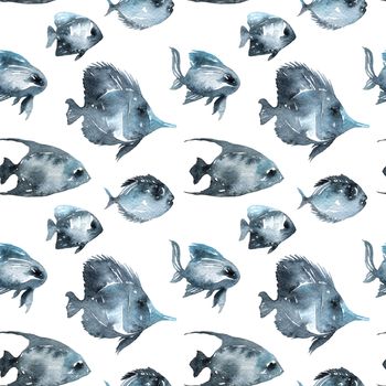 Watercolor illustration of fishes. Set of animals. Silhouette style. Seamless pattern.