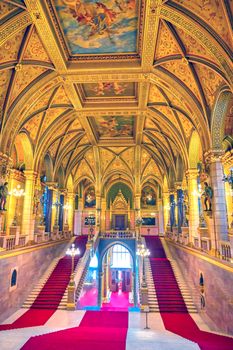 Budapest, Hungary - May 26, 2019 - The interior of the Hungarian Parliament Building in Budapest, Hungary.