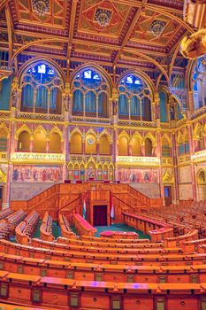 Budapest, Hungary - May 26, 2019 - The interior of the Hungarian Parliament Building in Budapest, Hungary.