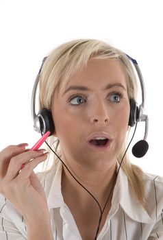 A call centre operator looking surprised