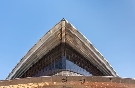 Sydney, Australia - February 11, 2019: Detail of white roof structure of Sydney Opera House against deep blue sky. 3 of 12.